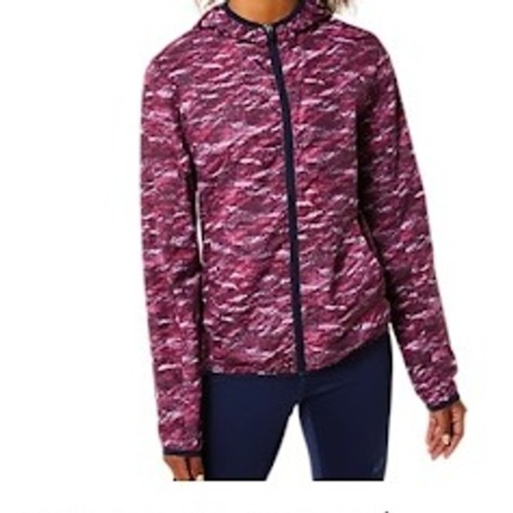 ASICS Women's Packable Running Jacket Purple Print Lightweight Hooded Size L